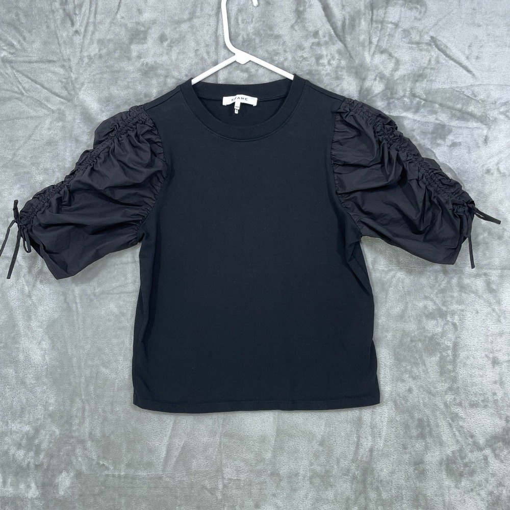 FRAME Ruched Puff Tie Sleeve Black Organic Cotton Crewneck T-Shirt Size M